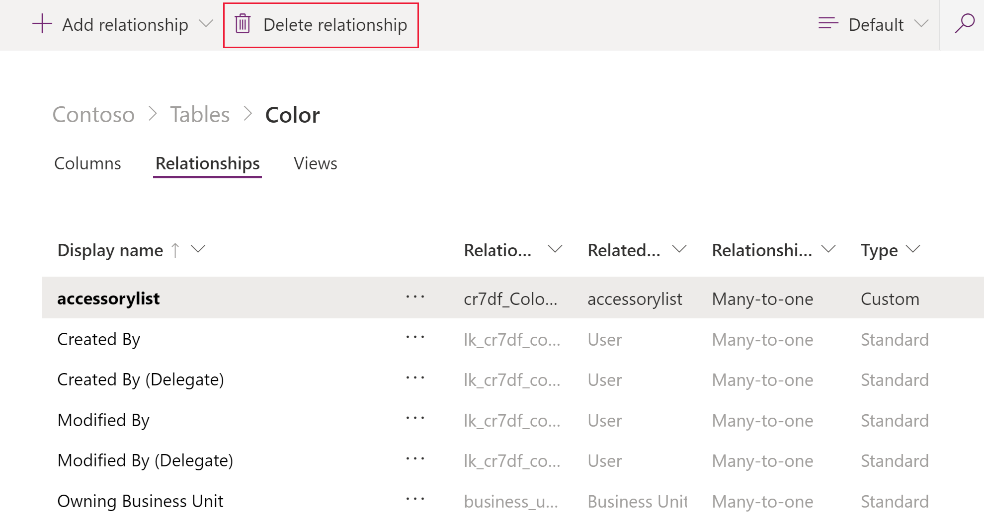 Delete table relationship from command bar