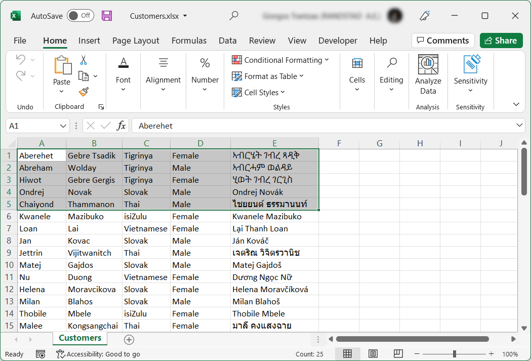 Screenshot of some Excel sample data.