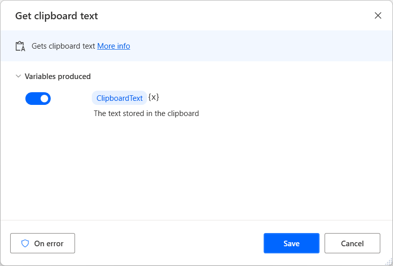 Screenshot of the Get clipboard text action.