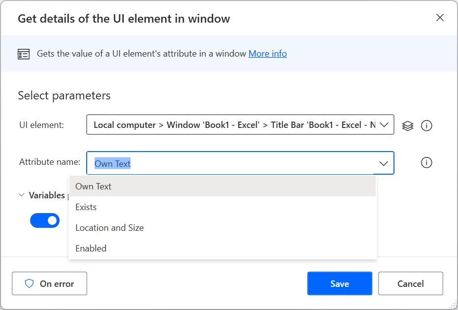 Screenshot of the Get details of a UI element in window action.