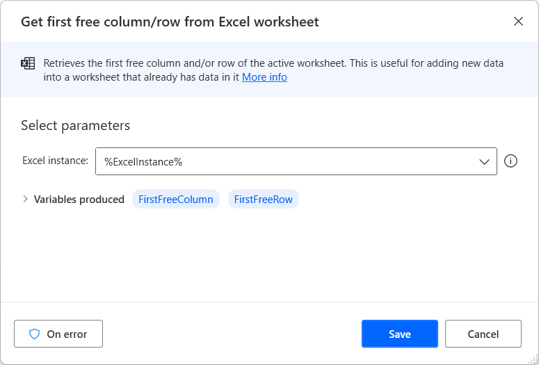 Screenshot of the Get first free column row from Excel worksheet action.