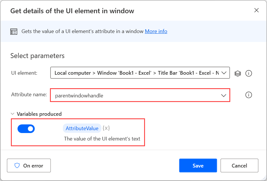Screenshot of the AttributeValue variable in the Get details of a UI element in window action.