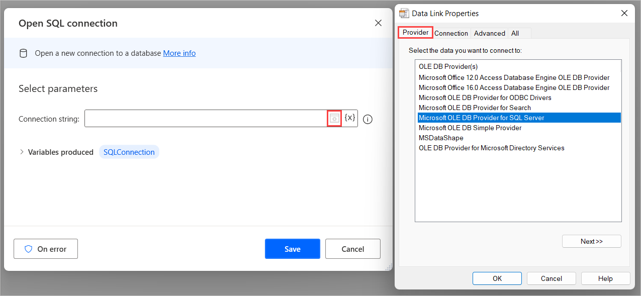 Screenshot of the data link properties provider tab.