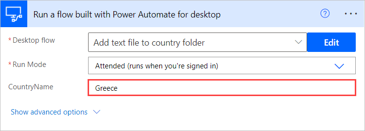 Screenshot of the input variables in the Run a flow built with Power Automate Desktop action.