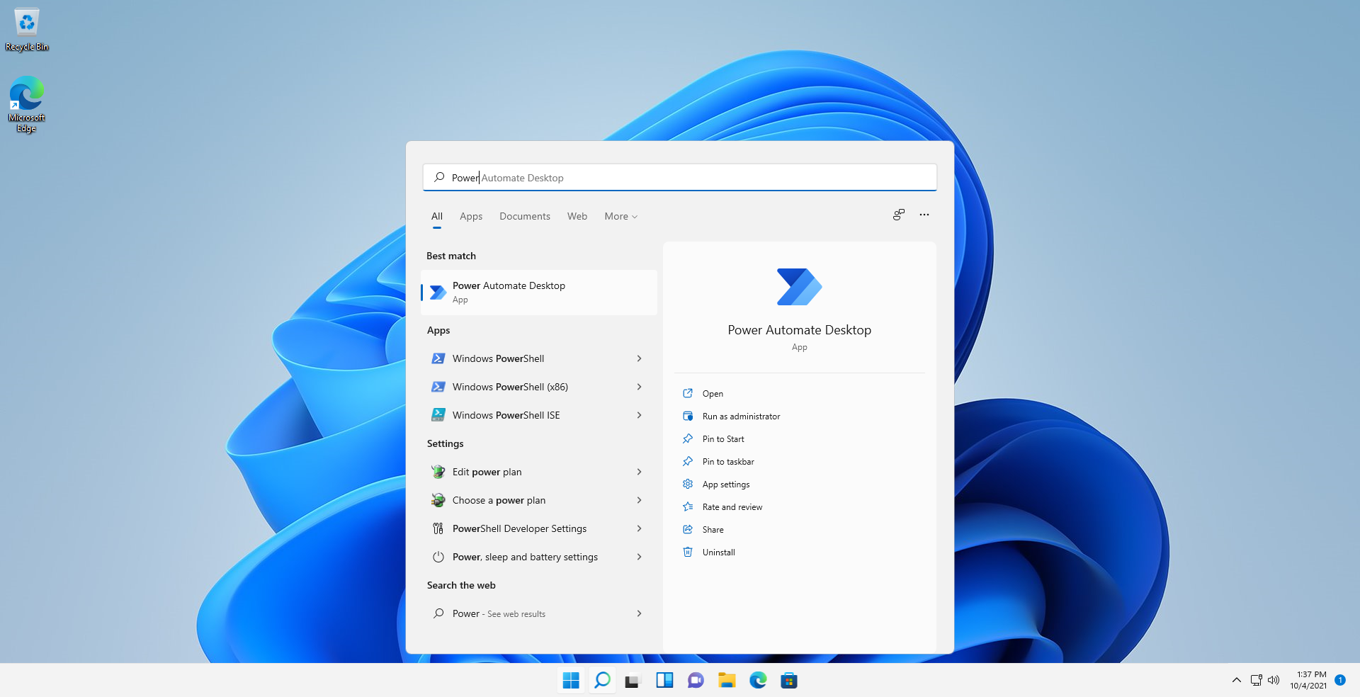 Screenshot of the Windows 11 search menu.