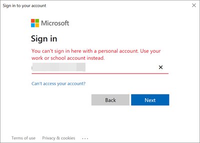 Screenshot of the sign-in window with error.