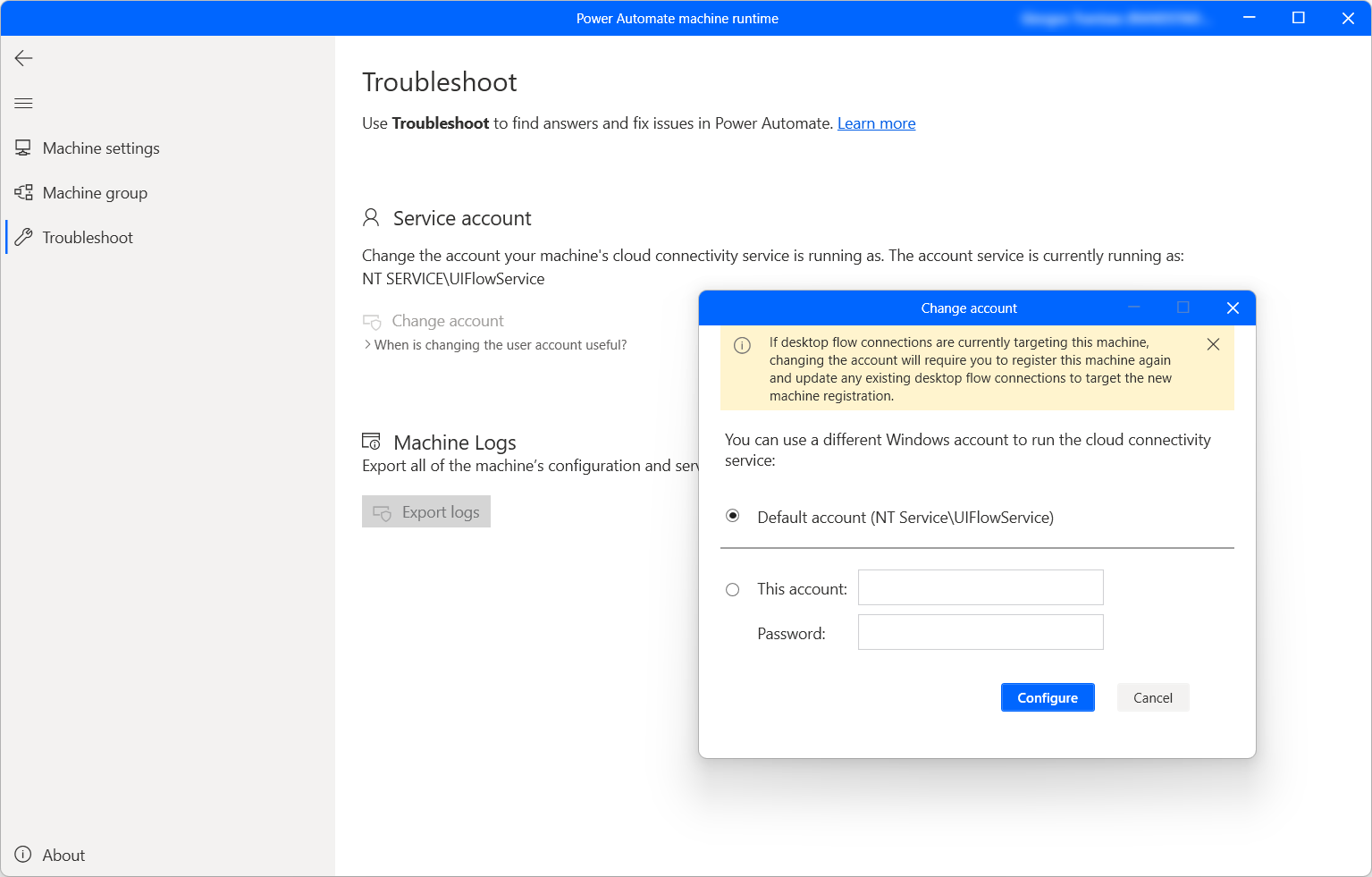 Screenshot of the Power Automate troubleshoot dialog.