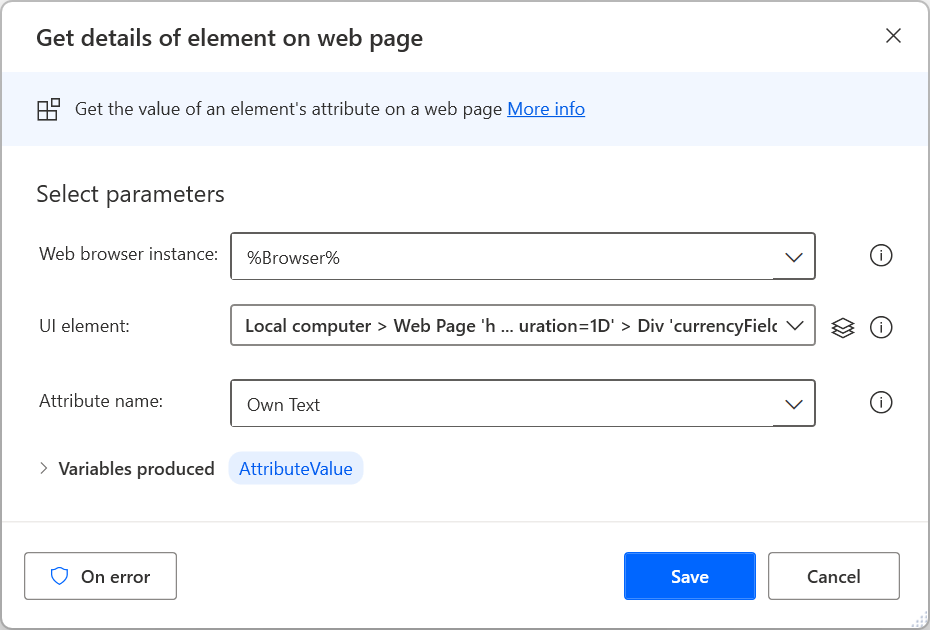 Screenshot of the Get details of element on web page action.
