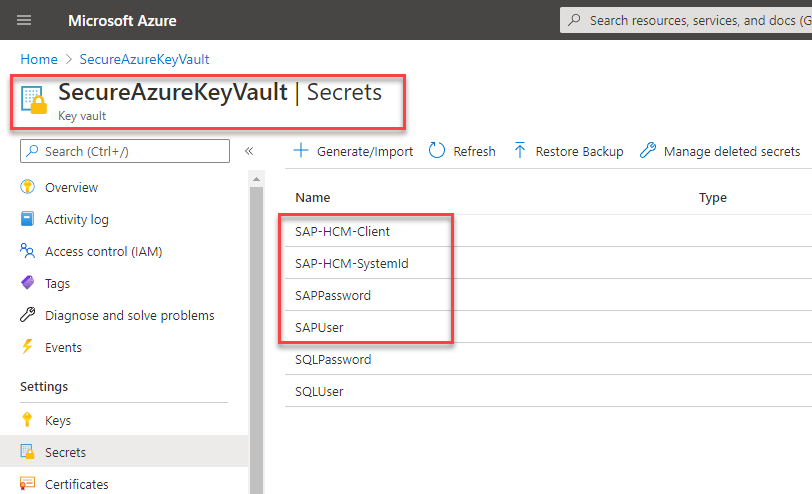 Screenshot of Azure Key Vault with the following secrets: SAP-HCM-Client, SAP-HCM-SystemId, SAPPassword, and SAPUser.