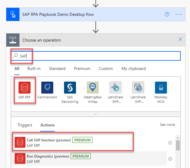 Screenshot of the Choose an operation dialog with Call SAP function being added from the list of cloud flow actions.