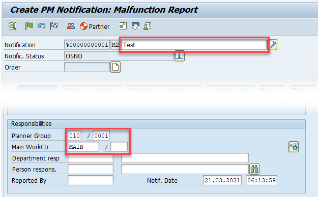 Screenshot of a completed SAP Notification record that's ready to be saved.