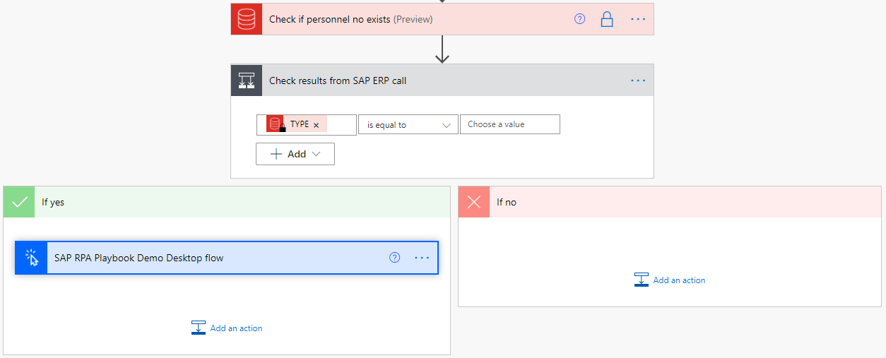 Screenshot of the condition with Yes and No branches and SAP RPA Playbook Demo Desktop flow in the Yes branch.