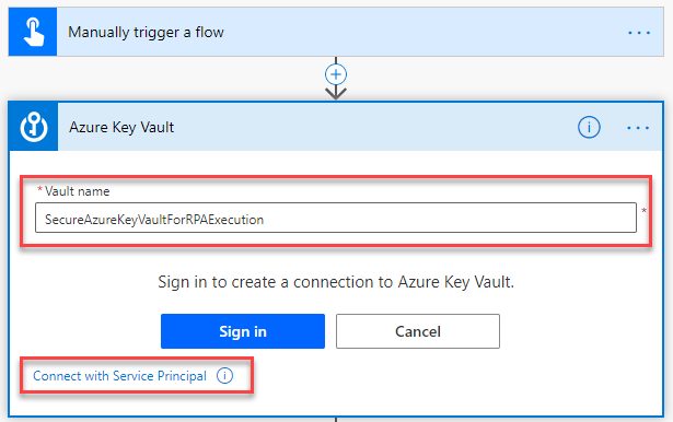 Screenshot of establishing a connection with a service principal account in the Key Vault action in Power Automate flow designer. The Sign In button is active.