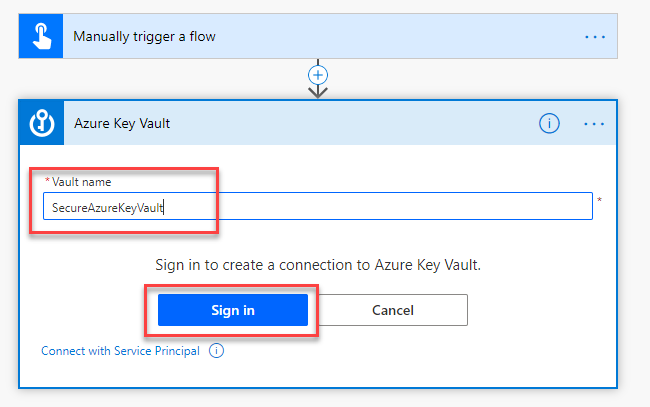 Screenshot of establishing a connection with user credentials in the Azure Key Vault action in Power Automate flow designer. The Sign In button is active.