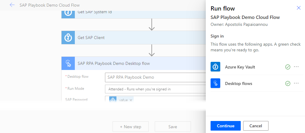 Screenshot of the Run flow connection dialog in Power Automate.