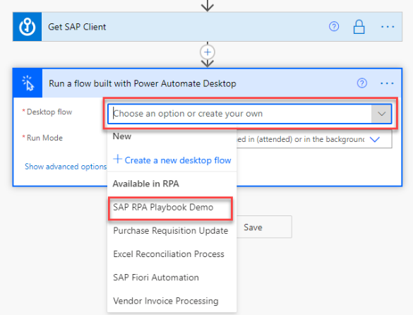 Screenshot of selecting the SAP RPA Playbook Demo from the list of desktop flows in the Run a flow built with Power Automate Desktop action.