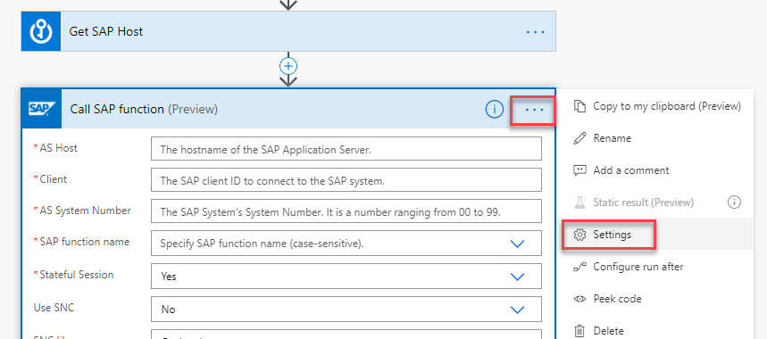 Screenshot of using the More menu to open the Settings menu for the Call SAP Function action.