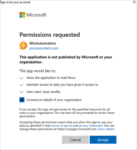 Screenshot of the dialog that requests for permissions.