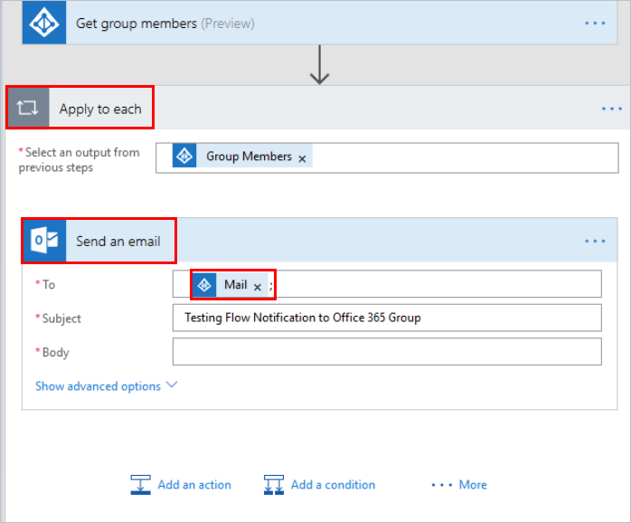 A screenshot of a cloud flow that gets all group members and then sends email to each member.