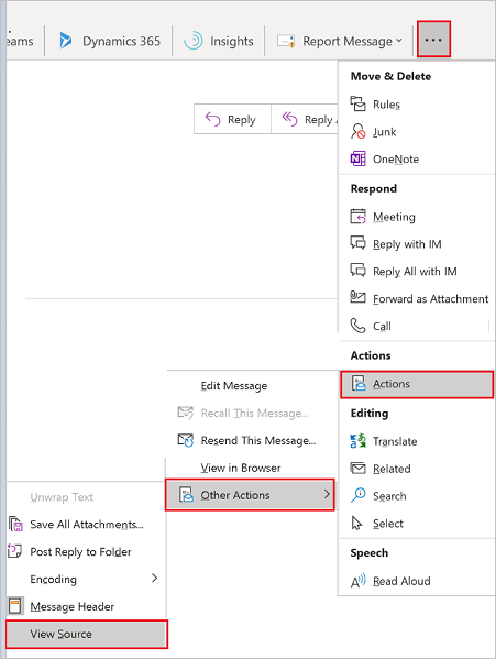 A screenshot that displays the steps to view the other actions menu in Outlook.