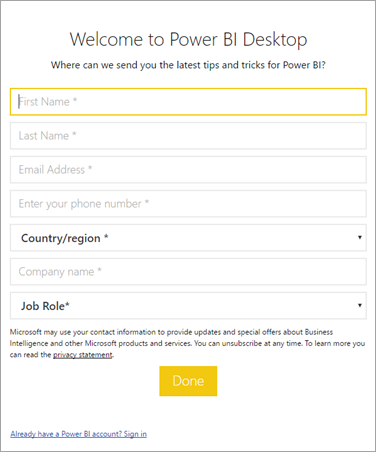 Screenshot of an initial sign-in form for Power B I Desktop.
