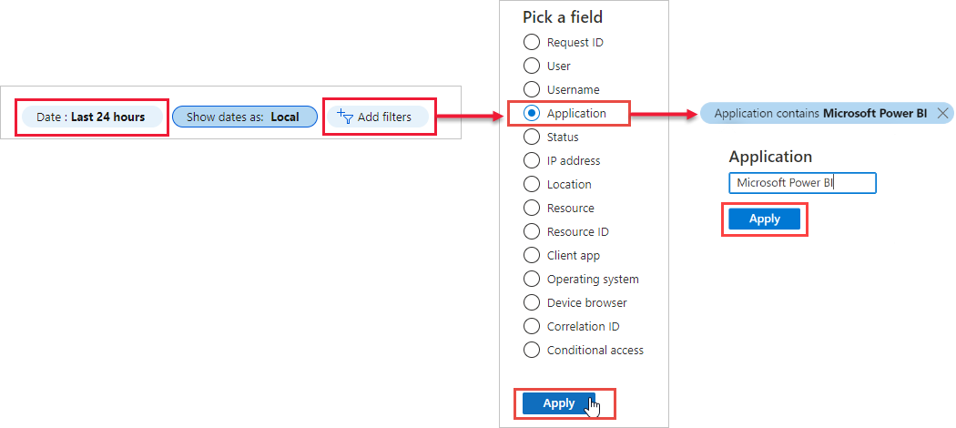 Screenshot of the Sign-ins filter with the Applications field highlighted.