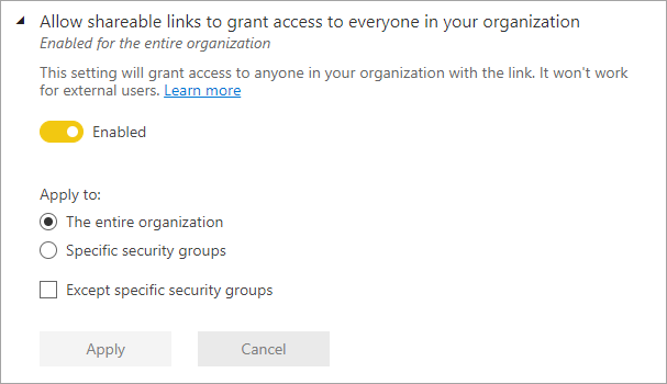 Screenshot of allow shareable links to grant access to everyone in your organization setting.
