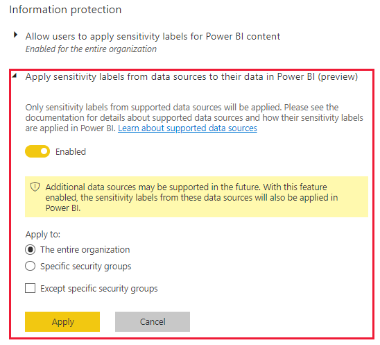 Screenshot of Apply sensitivity labels from data sources to their data in Power BI tenant setting.