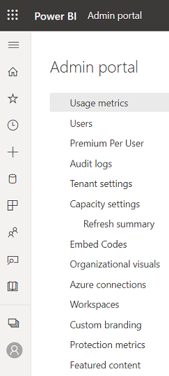 Screenshot that shows the Admin portal menu.