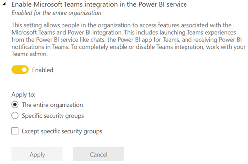 Screenshot that shows the Microsoft Teams integration tenant setting in the Power B I admin portal.