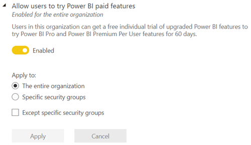 Screen capture showing Allow users to try Power BI paid features interface.
