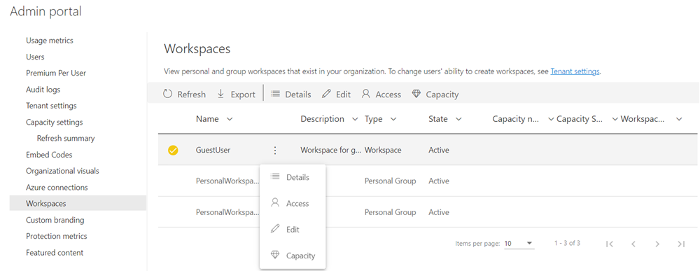 Screenshot that shows a Power B I workspaces list in the admin portal.