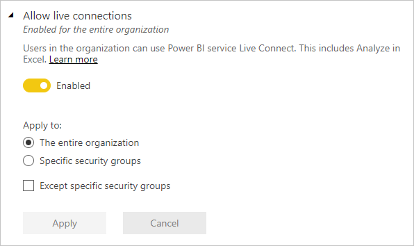 Screenshot of allow live connections setting.