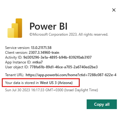 Screen capture showing about Power B I with data storage location highlighted..