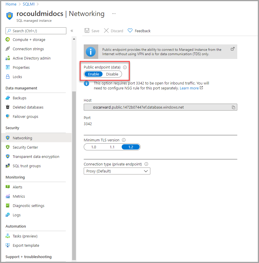 Screenshot of Azure portal to enable public endpoints.