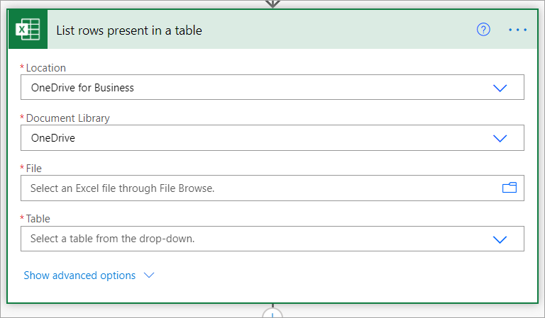 Screenshot that shows where to select the location of the Excel Online table.
