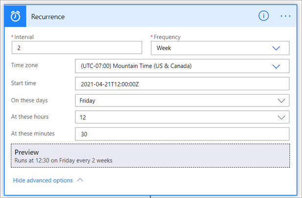 Screenshot that shows the advanced options for setting the recurrence.