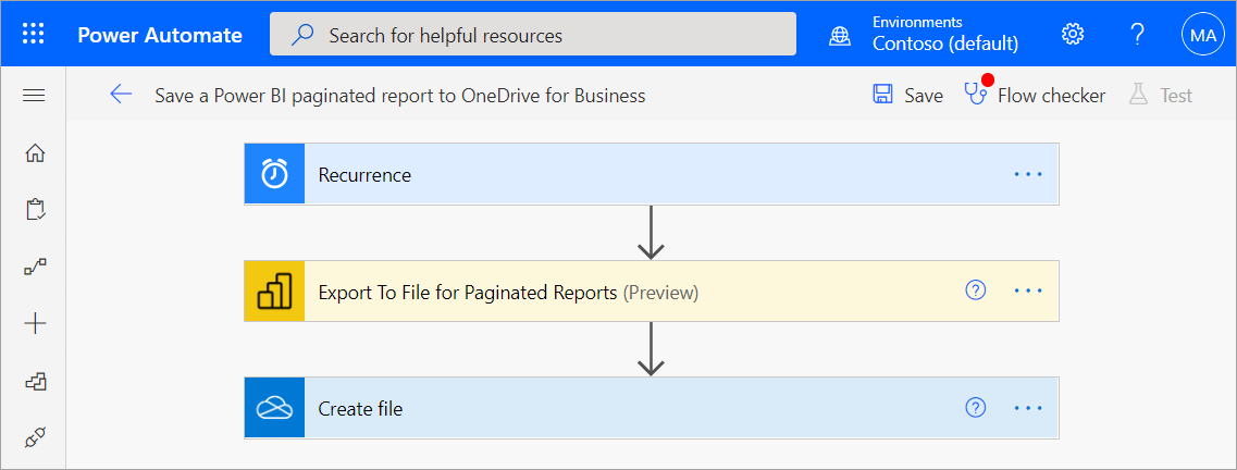 Screenshot of the Power Automate flow for saving a paginated report to OneDrive or SharePoint Online