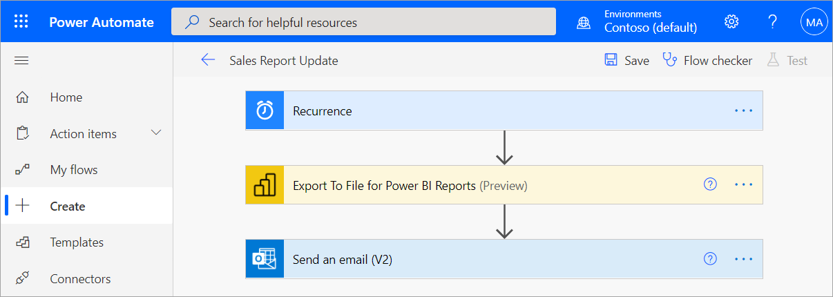 Power Automate steps to export and email a report.