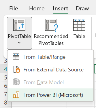 Select PivotTable from Power BI.