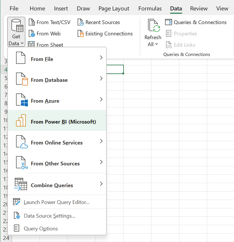 Select Get data from Power BI.
