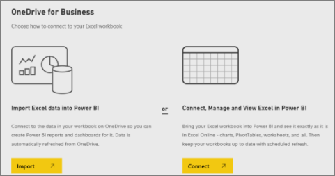 Screenshot of the OneDrive for Business dialog, showing Import from Excel or Connect to Excel.