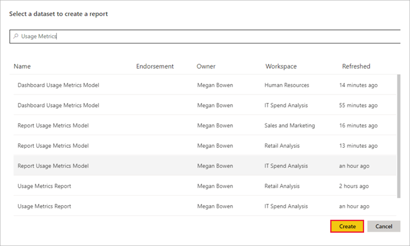 Screenshot of selecting the Usage Metrics Report dataset.