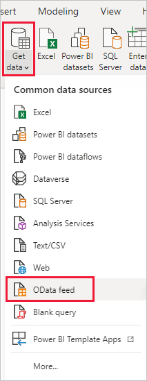 Screenshot of the Get Data ribbon in Power B I Desktop, showing the OData Feed selection.