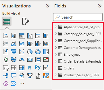 Screenshot of the Fields pane, showing the list of selected tables.