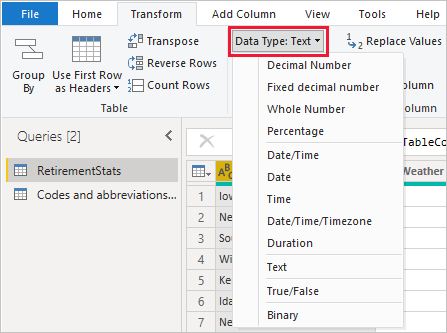 Screenshot of the Data type ribbon, showing it in the Query Editor.