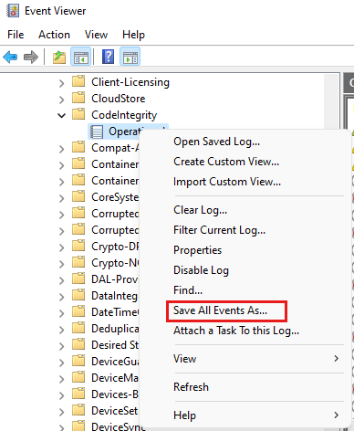 Event viewer showing context menu with 'Save All Events As...' highlighted.