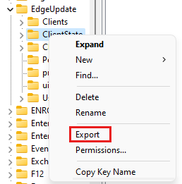 Registry Editor showing context menu with 'Export' highlighted.