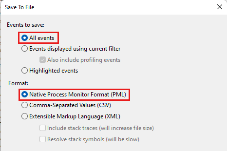 Process Monitor Save to File dialog with 'All events' and 'Native Process Monitor Format (PML) highlighted.