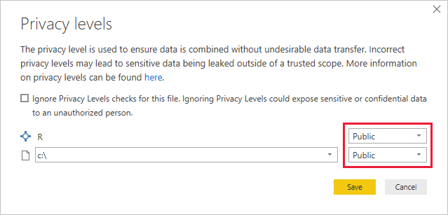 Privacy levels dialog box